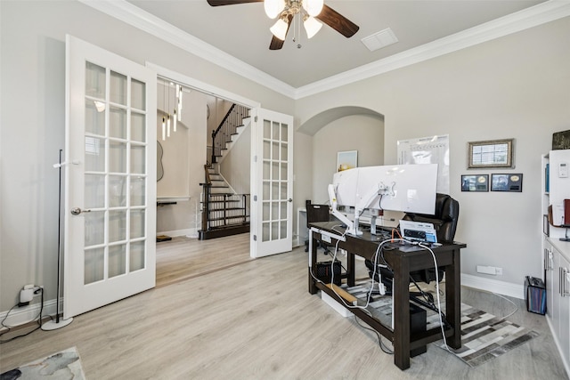 4871 Lockwood Dr, Prosper, TX 75078 - office area with french doors, ornamental molding, wood finished floors, a ceiling fan, and arched walkways