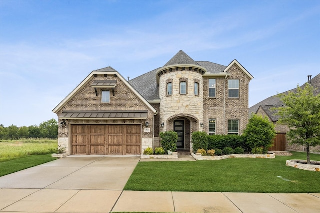 4871 Lockwood Dr, Prosper, TX 75078 - french country home with brick siding, concrete driveway, stone siding, roof with shingles, and a garage