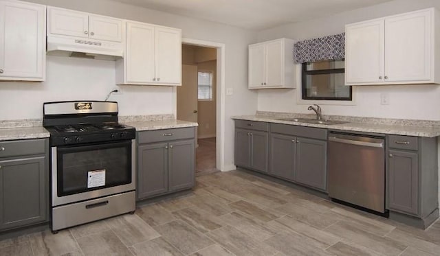 800 SE 16th St, Mineral Wells, TX 76067 - kitchen featuring appliances with stainless steel finishes, under cabinet range hood, a sink, and gray cabinets