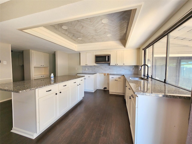 338 Wildbriar Dr, Garland, TX 75043 - kitchen with a tray ceiling, stainless steel microwave, a sink, dark wood-type flooring, and stone counters