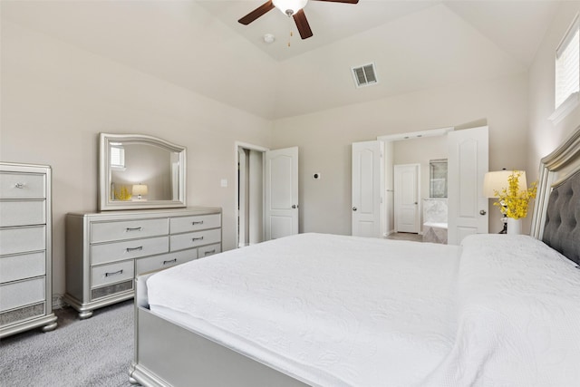 824 Water Garden Cir, Little Elm, TX 75068 - bedroom featuring light colored carpet, ceiling fan, high vaulted ceiling, and connected bathroom
