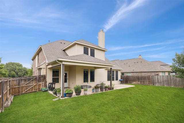 824 Water Garden Cir, Little Elm, TX 75068 - back of property featuring a patio, a shingled roof, a fenced backyard, and a chimney