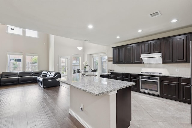 824 Water Garden Cir, Little Elm, TX 75068 - kitchen with appliances with stainless steel finishes, under cabinet range hood, light stone counters, an island with sink, and open floor plan