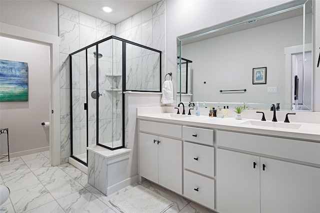 841 Emerling Dr, Mckinney, TX 75069 - full bathroom featuring marble look tiles, double vanity, a marble finish shower, baseboards, and recessed lighting