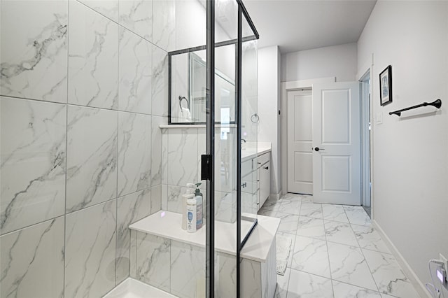 841 Emerling Dr, Mckinney, TX 75069 - bathroom with marble finish flooring, vanity, a marble finish shower, and baseboards