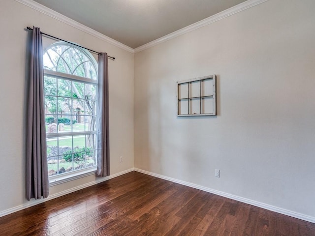 1676 Castle Pines Dr, Frisco, TX 75036 - spare room featuring dark wood-style flooring, plenty of natural light, crown molding, and baseboards