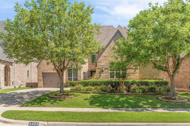 6608 Orchard Park Dr, Mckinney, TX 75071 - tudor-style house featuring driveway, brick siding, a front yard, and an attached garage