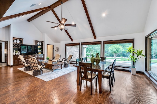 1345 Meadow Gln, Southlake, TX 76092 - dining area with high vaulted ceiling, beamed ceiling, ceiling fan, dark wood finished floors, and healthy amount of natural light