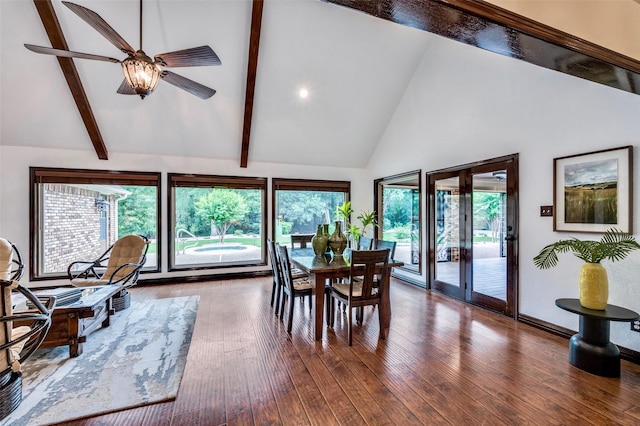 1345 Meadow Gln, Southlake, TX 76092 - dining area with high vaulted ceiling, ceiling fan, hardwood / wood-style flooring, beamed ceiling, and plenty of natural light