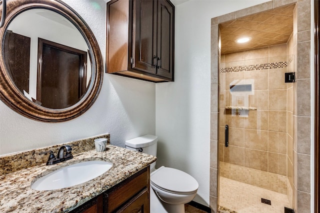 1345 Meadow Gln, Southlake, TX 76092 - full bath with a stall shower, toilet, vanity, and a textured wall