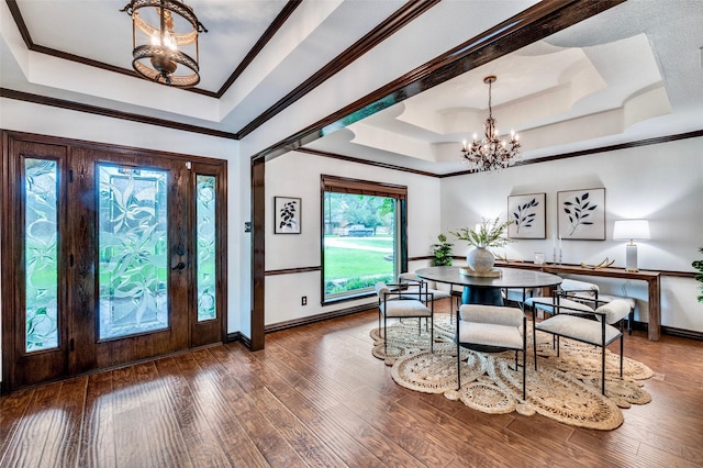 1345 Meadow Gln, Southlake, TX 76092 - entryway featuring a tray ceiling, a chandelier, baseboards, and wood finished floors