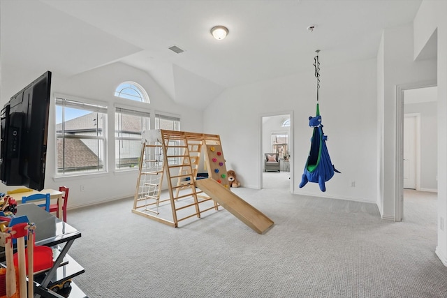 2821 White Plains Dr, Midlothian, TX 76065 - recreation room featuring lofted ceiling, carpet flooring, and baseboards