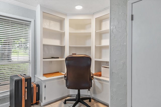 107 Oak Acres Dr W, Malakoff, TX 75148 - office area featuring light tile patterned floors, crown molding, and built in desk