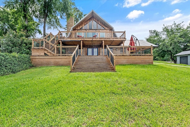 107 Oak Acres Dr W, Malakoff, TX 75148 - rear view of house featuring a wooden deck, stairway, a lawn, and a chimney