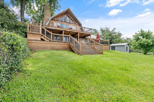 107 Oak Acres Dr W, Malakoff, TX 75148 - rear view of house with stairs, a yard, a wooden deck, and a chimney