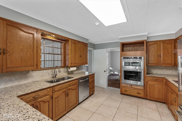 5918 Fern Ave, Shreveport, LA 71105 - kitchen featuring a sink, stainless steel appliances, open shelves, decorative backsplash, and crown molding