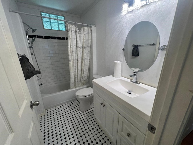 143 Brookshire Ave, Azle, TX 76020 - full bathroom featuring shower / bath combo, vanity, toilet, ornamental molding, and tile patterned floors