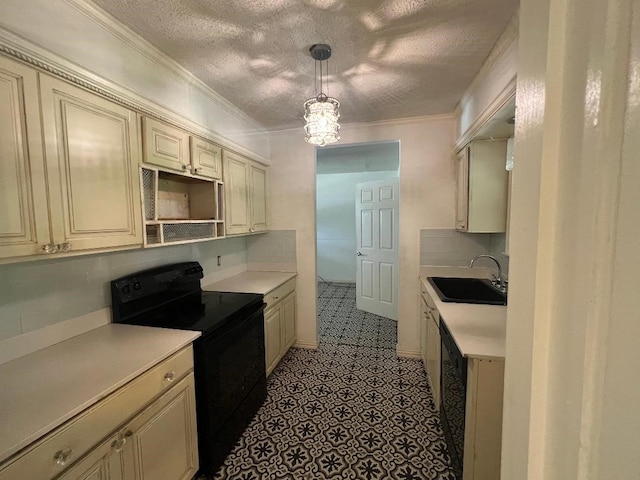 143 Brookshire Ave, Azle, TX 76020 - kitchen featuring black range with electric cooktop, cream cabinetry, a sink, light countertops, and ornamental molding