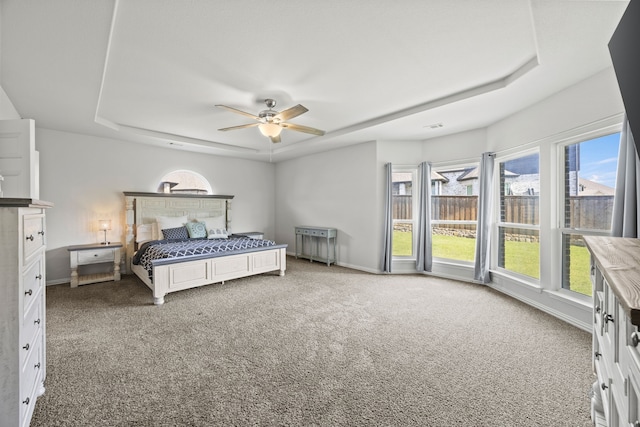 316 Cunningham Cir, Celina, TX 75009 - bedroom featuring a tray ceiling, carpet floors, a ceiling fan, and baseboards