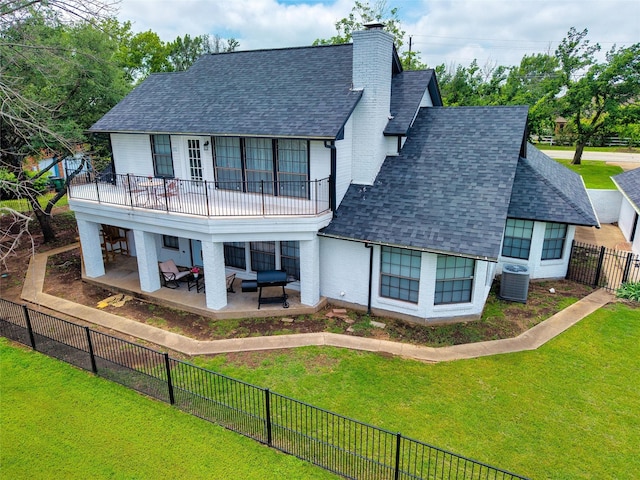 13340 Willow Springs Rd, Haslet, TX 76052 - back of house featuring outdoor lounge area, a shingled roof, cooling unit, and a chimney