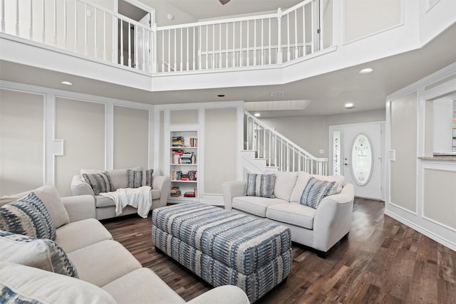 13340 Willow Springs Rd, Haslet, TX 76052 - living area with a high ceiling, wood finished floors, stairs, recessed lighting, and ceiling fan