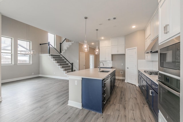 2033 Barbette St, Fort Worth, TX 76008 - kitchen featuring stainless steel appliances, a sink, light wood-style floors, decorative backsplash, and recessed lighting