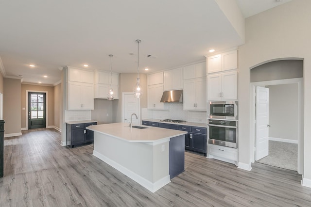 2033 Barbette St, Fort Worth, TX 76008 - kitchen featuring stainless steel appliances, a sink, under cabinet range hood, light wood-style floors, and white cabinets