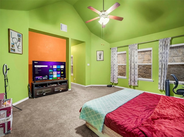 5605 Cojimar Dr, Mckinney, TX 75070 - carpeted bedroom featuring baseboards, high vaulted ceiling, and ceiling fan