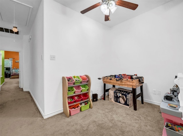5605 Cojimar Dr, Mckinney, TX 75070 - playroom featuring attic access, carpet flooring, ceiling fan, and baseboards