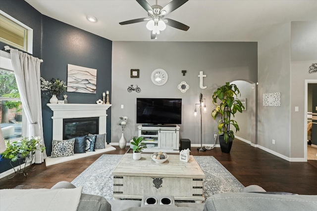 11521 Misty Mesa Dr, Fort Worth, TX 76052 - living area featuring ceiling fan, wood finished floors, baseboards, a glass covered fireplace, and arched walkways