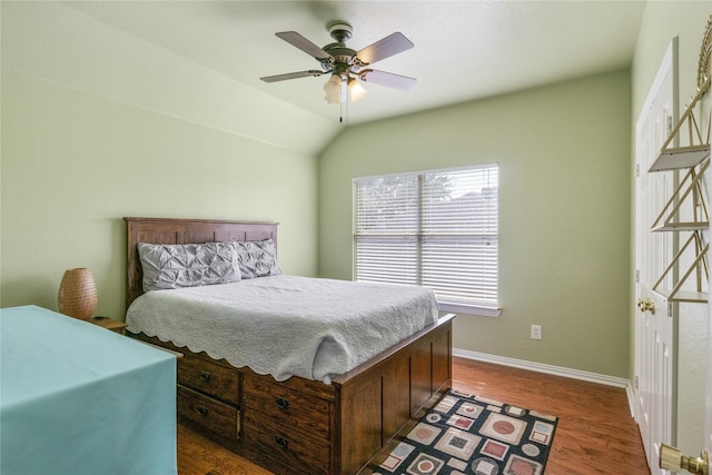 4425 Maple Shade Ave, Sachse, TX 75048 - bedroom featuring baseboards, wood finished floors, a ceiling fan, and lofted ceiling