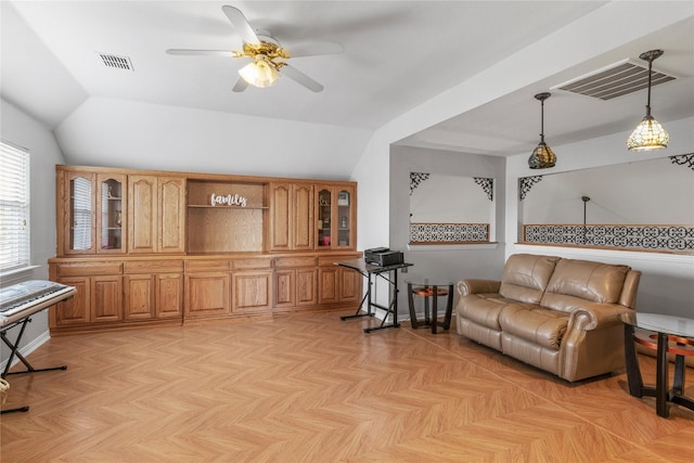 4425 Maple Shade Ave, Sachse, TX 75048 - living area featuring a ceiling fan, vaulted ceiling, and baseboards