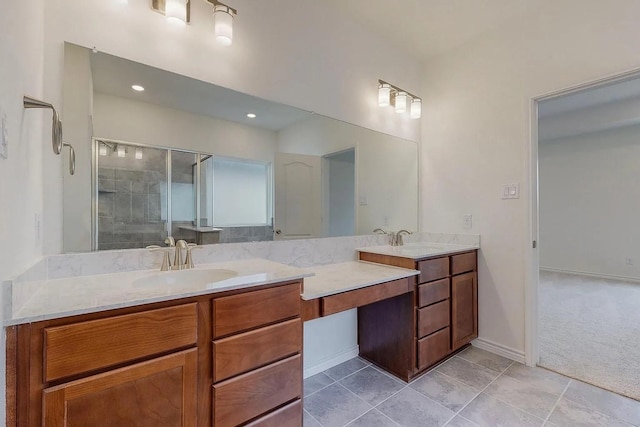 3681 Keechi Creek Dr, Celina, TX 75078 - bathroom featuring double vanity, a stall shower, tile patterned floors, and baseboards