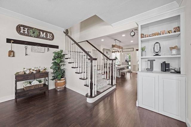 720 Aqua Vista Dr, Granbury, TX 76049 - stairway featuring wood finished floors, crown molding, recessed lighting, and baseboards