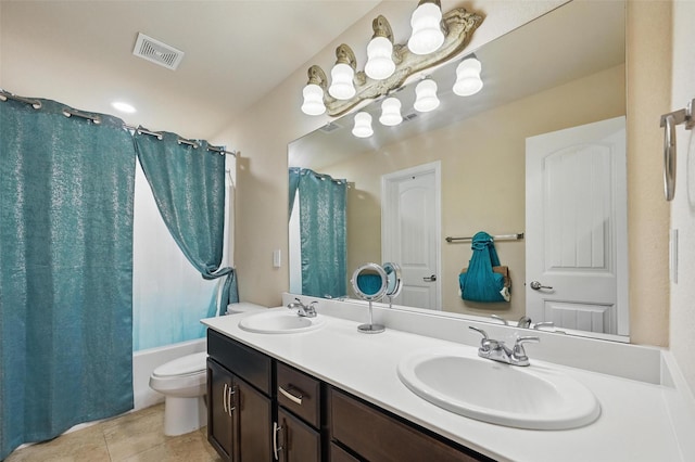 14235 Greenhaw Ln, Dallas, TX 75253 - bathroom featuring double vanity, shower / bath combination with curtain, toilet, and tile patterned flooring