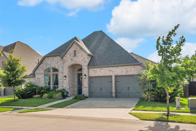 1728 Cannon St, Van Alstyne, TX 75495 - french country style house featuring brick siding, a garage, roof with shingles, concrete driveway, and a front lawn