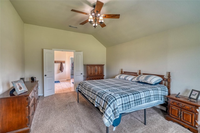 144 Brady Coleman Ln, Springtown, TX 76082 - bedroom featuring light colored carpet, lofted ceiling, baseboards, and a ceiling fan