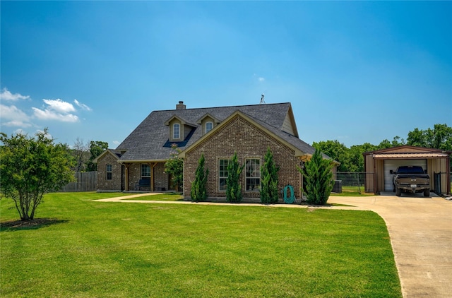 144 Brady Coleman Ln, Springtown, TX 76082 - view of front facade featuring brick siding, an outdoor structure, a detached garage, and a chimney