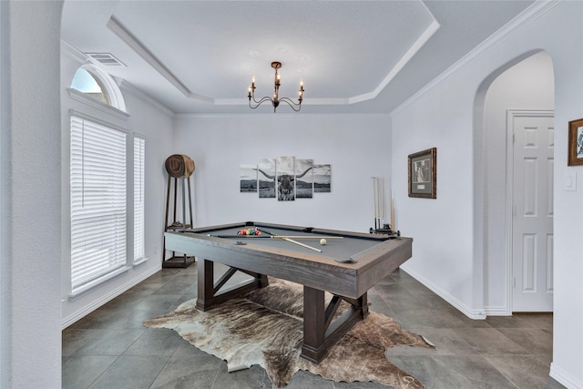 566 Long Meadow Dr, Haslet, TX 76052 - playroom with a tray ceiling, arched walkways, plenty of natural light, and billiards table