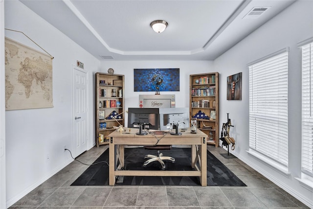 566 Long Meadow Dr, Haslet, TX 76052 - home office featuring a raised ceiling and baseboards