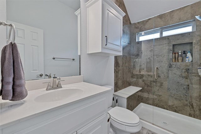 566 Long Meadow Dr, Haslet, TX 76052 - full bathroom featuring a stall shower, vanity, and vaulted ceiling
