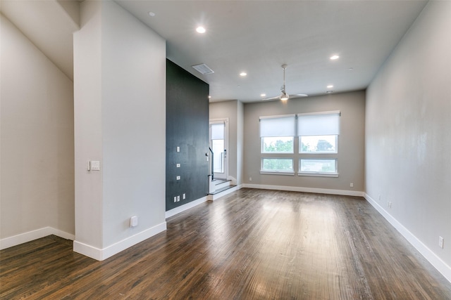 3816 Roseland Ave Unit C200, Dallas, TX 75204 - unfurnished living room featuring ceiling fan, dark wood-style floors, and recessed lighting