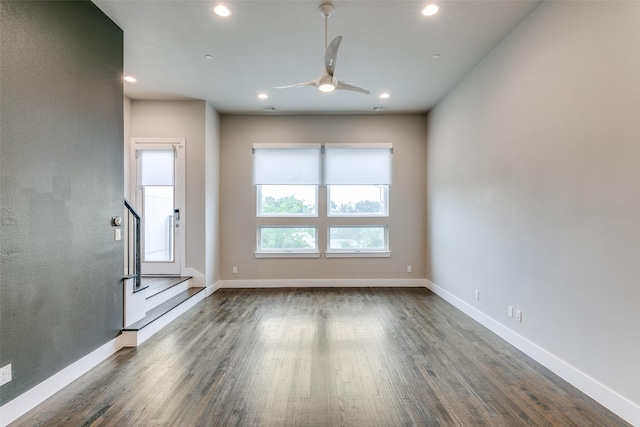 3816 Roseland Ave Unit C200, Dallas, TX 75204 - empty room with a ceiling fan, dark wood-style floors, and recessed lighting
