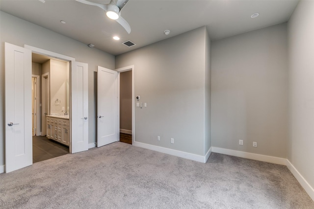 3816 Roseland Ave Unit C200, Dallas, TX 75204 - unfurnished bedroom featuring carpet floors, ensuite bath, recessed lighting, and ceiling fan