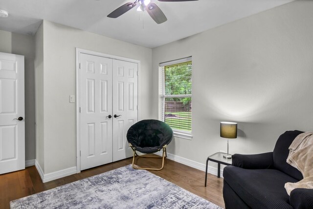 229 Maggie Cir, Flint, TX 75762 - sitting room featuring ceiling fan, baseboards, and wood finished floors