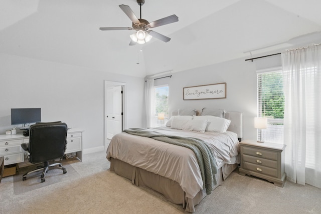 616 Zachary Dr, Weatherford, TX 76087 - bedroom featuring light carpet, multiple windows, a desk, high vaulted ceiling, and ceiling fan