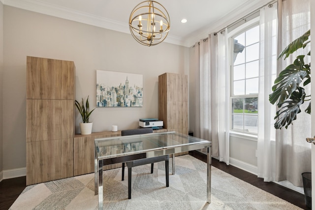 925 Glen Lake Dr, Southlake, TX 76092 - home office featuring a chandelier, healthy amount of natural light, wood finished floors, ornamental molding, and recessed lighting