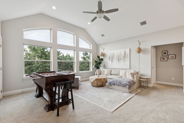 925 Glen Lake Dr, Southlake, TX 76092 - carpeted living area with vaulted ceiling, ceiling fan, and recessed lighting