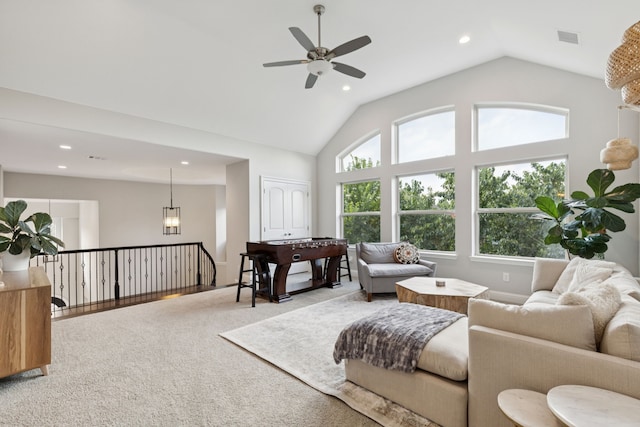 925 Glen Lake Dr, Southlake, TX 76092 - living room with ceiling fan, carpet flooring, vaulted ceiling, and recessed lighting