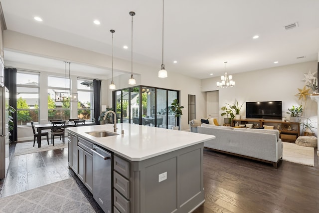925 Glen Lake Dr, Southlake, TX 76092 - kitchen with gray cabinets, a chandelier, dishwasher, dark wood-type flooring, and recessed lighting
